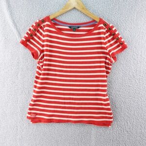 VTG Lauren Ralph Lauren Women's Medium Striped T-Shirt Nautical Button Shoulder‎